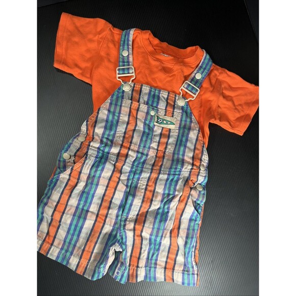 VTG 90s Rainbow Tag Gymboree Overalls Outfit Boys Small Orange Green Stripe - Picture 1 of 14